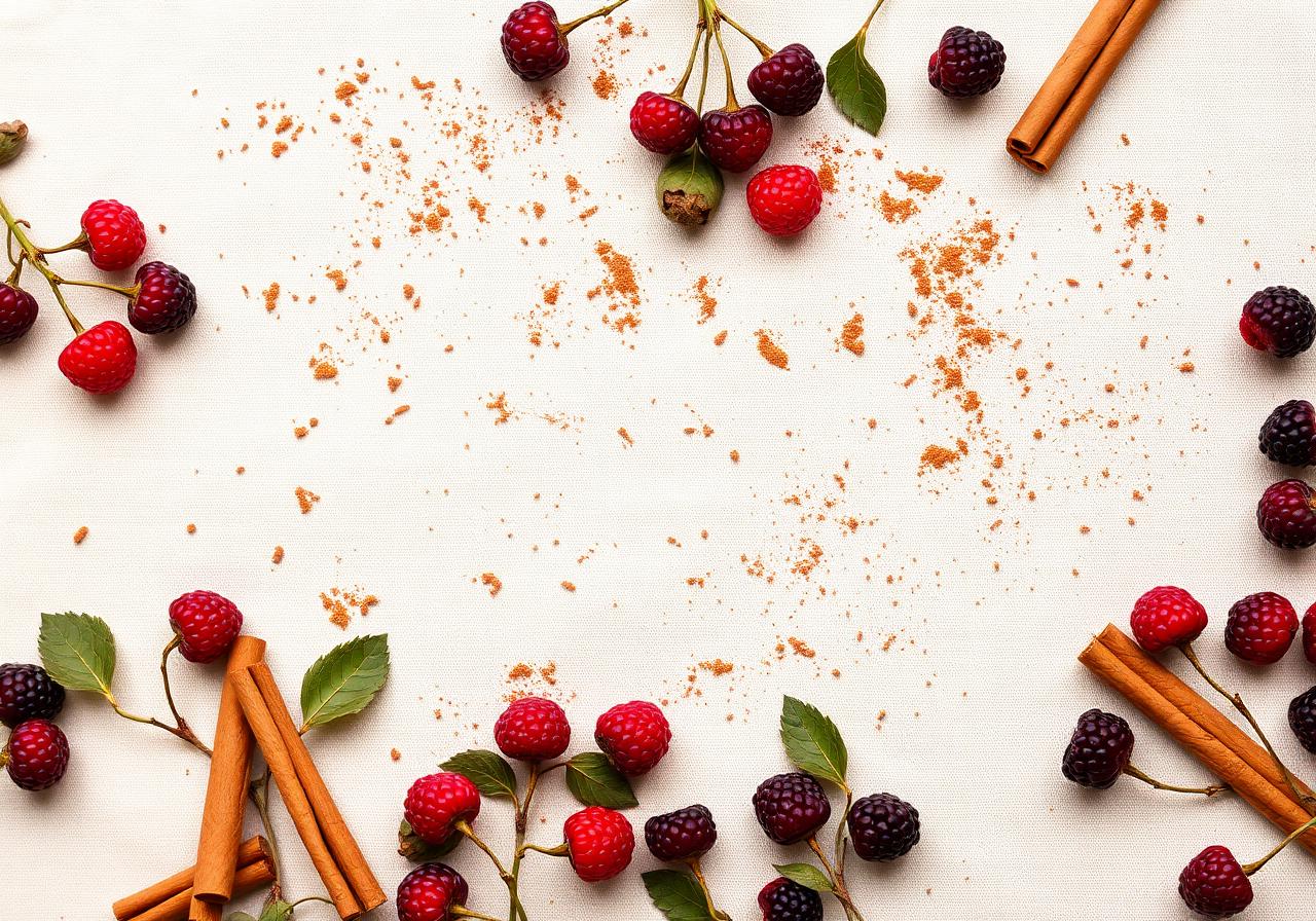Mulberries and cinnamon sticks on a linen background